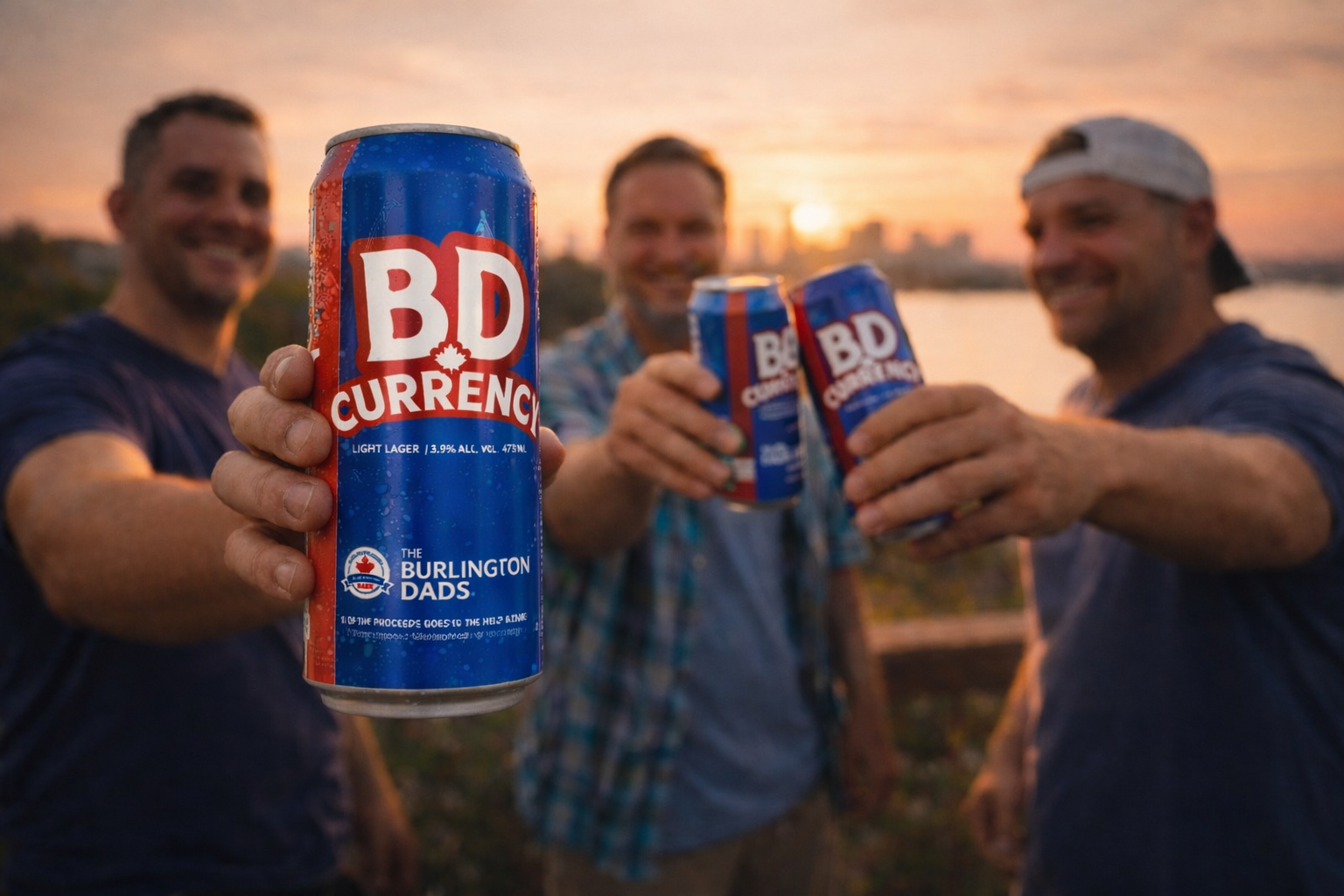 Three dads toasting with cans of BD Currency craft lager at sunset over Burlington's waterfront
