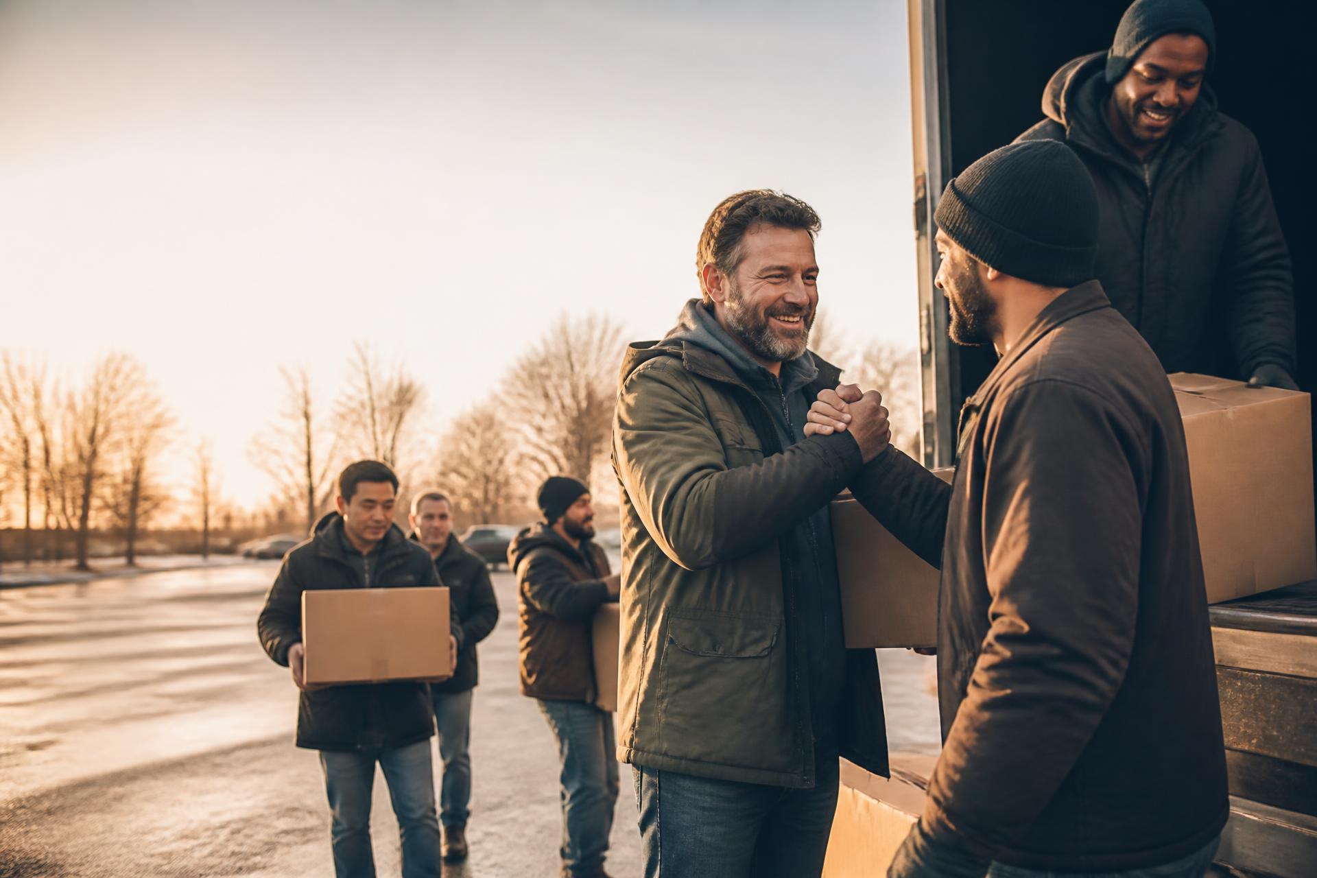 Burlington Dads volunteers unloading donations together